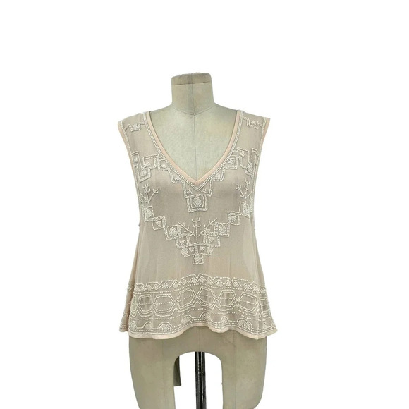 Free People Pale Pink Beaded Sheer Tank Top Size XS - Picture 2 of 9